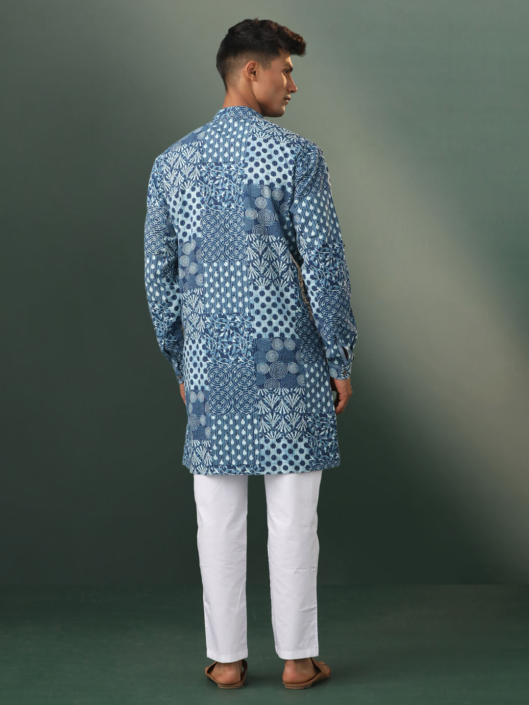 Men's Blue And White Cotton Kurta Pyjama Set