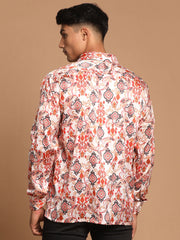 Men's Multicolored-Base-Cream Satin Ethnic Shirt