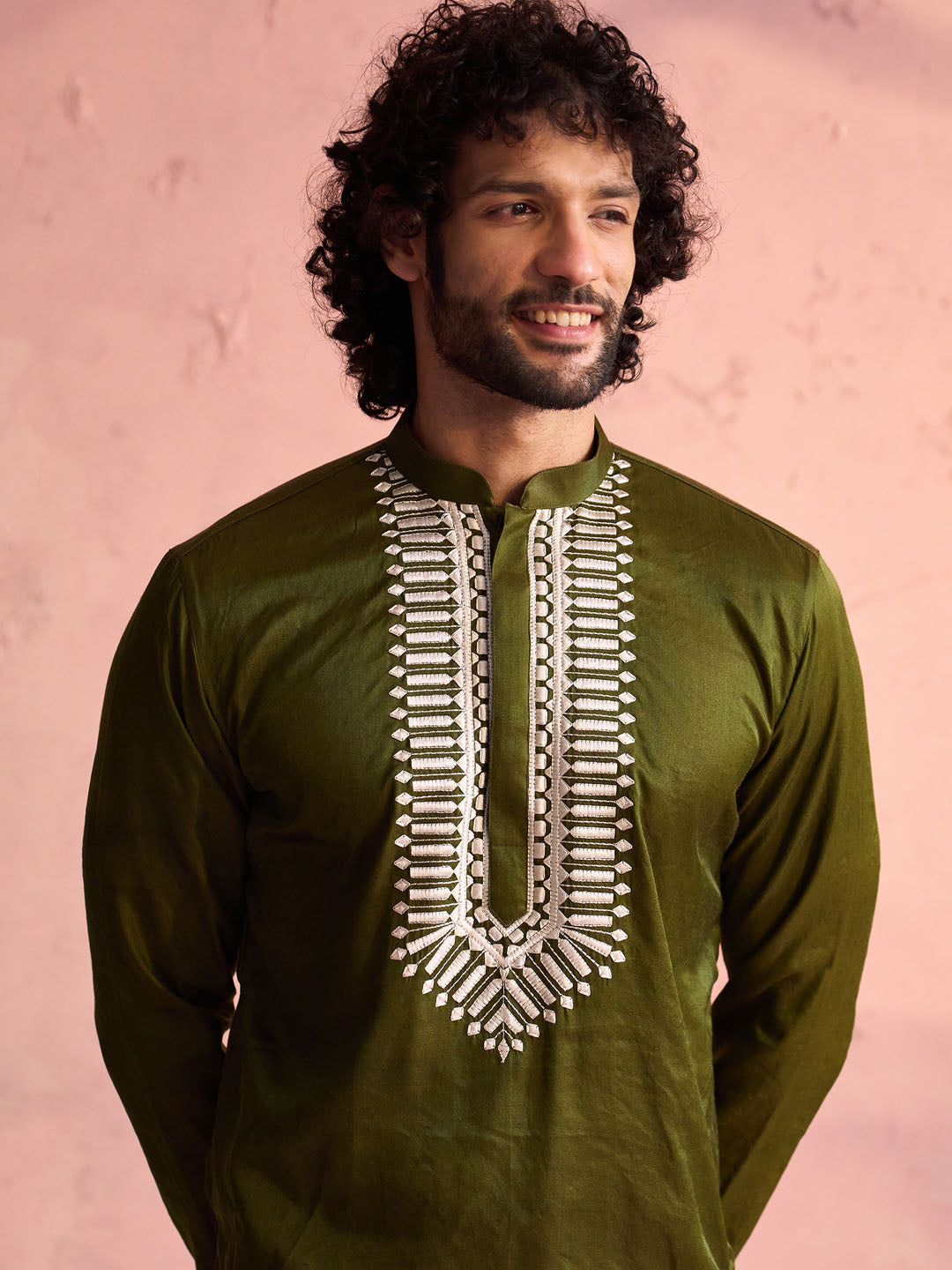 Men's Mehendi Green Moonga Silk Kurta