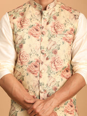 Men's Cream And Brown Silk Blend Jacket, Kurta and Pyjama Set