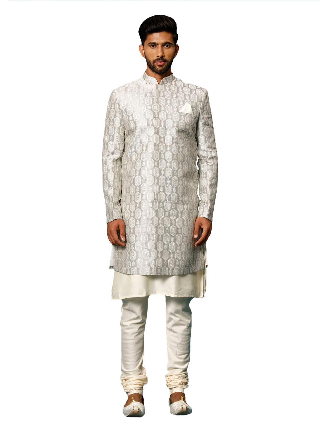 Men's Grey And Cream Viscose Sherwani Set