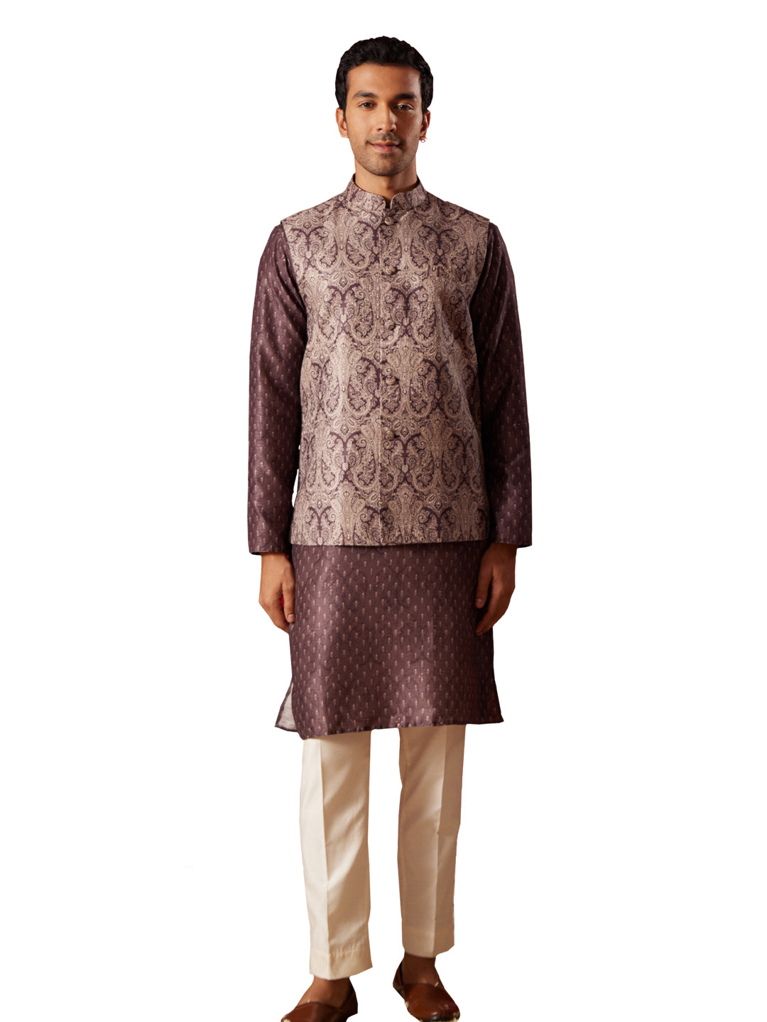 Men's Wine Cotton Silk Jacket, Kurta and Pyjama Set