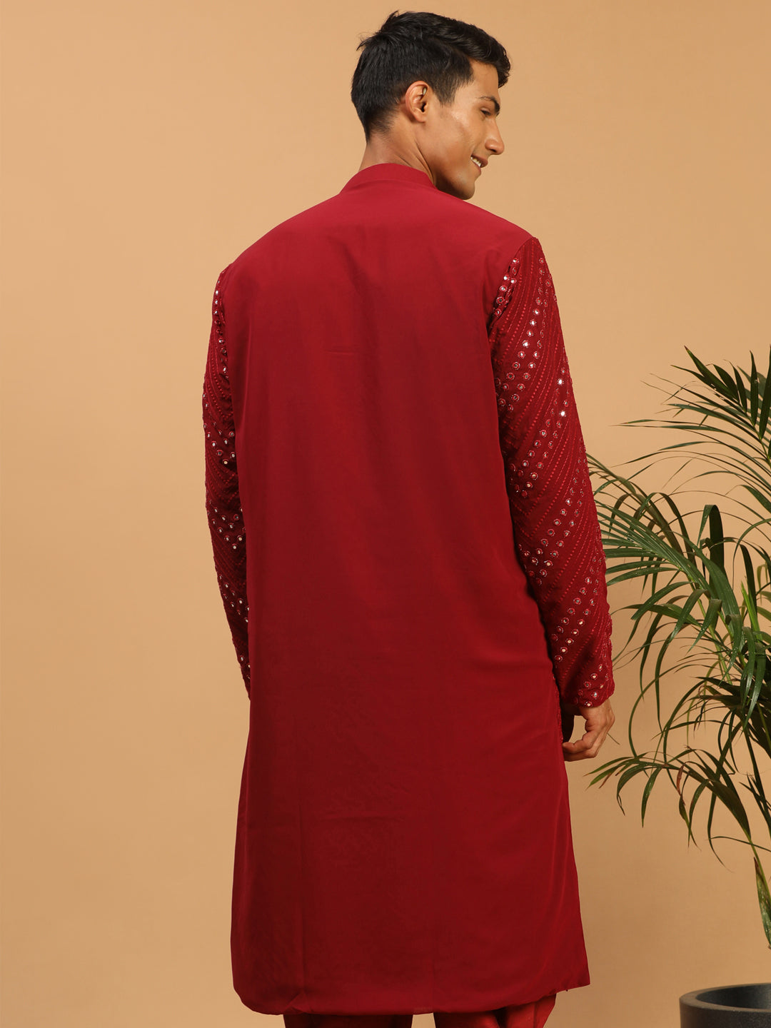 Men's Maroon Georgette Kurta Pyjama Set