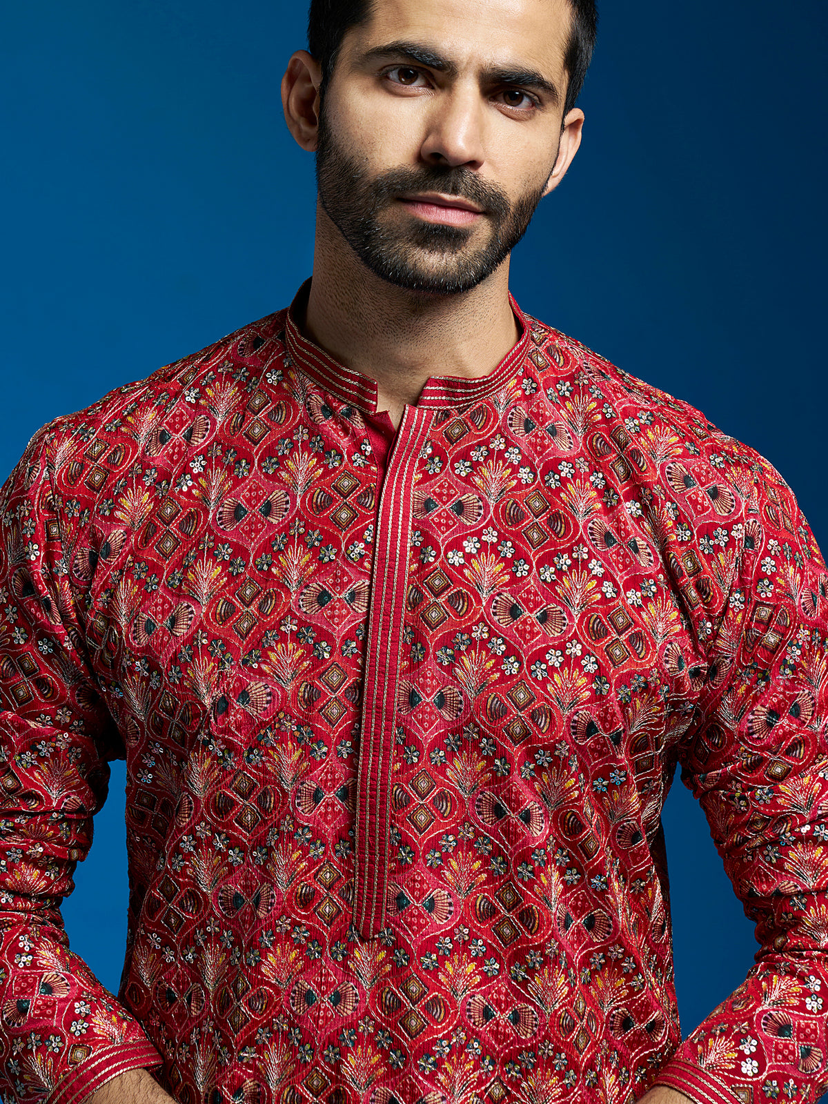 Men's Red Chinon Kurta And Pyjama Set.