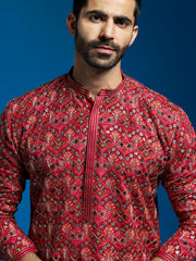 Men's Red Chinon Kurta And Pyjama Set.