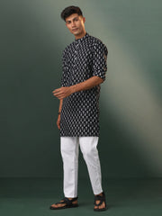 Men's Black And White Cotton Kurta Pyjama Set