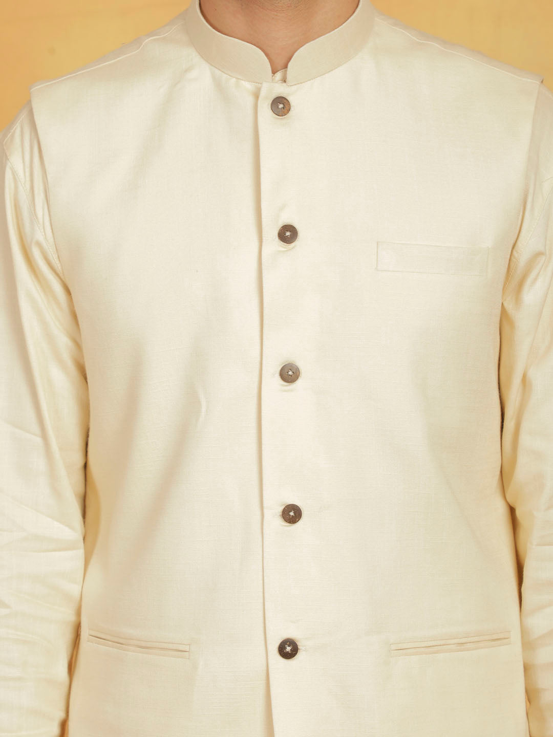 Men's Cream Linen Cotton Jacket, Kurta and Pyjama Set