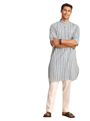 Men's White And Blue Cotton Kurta Pyjama Set