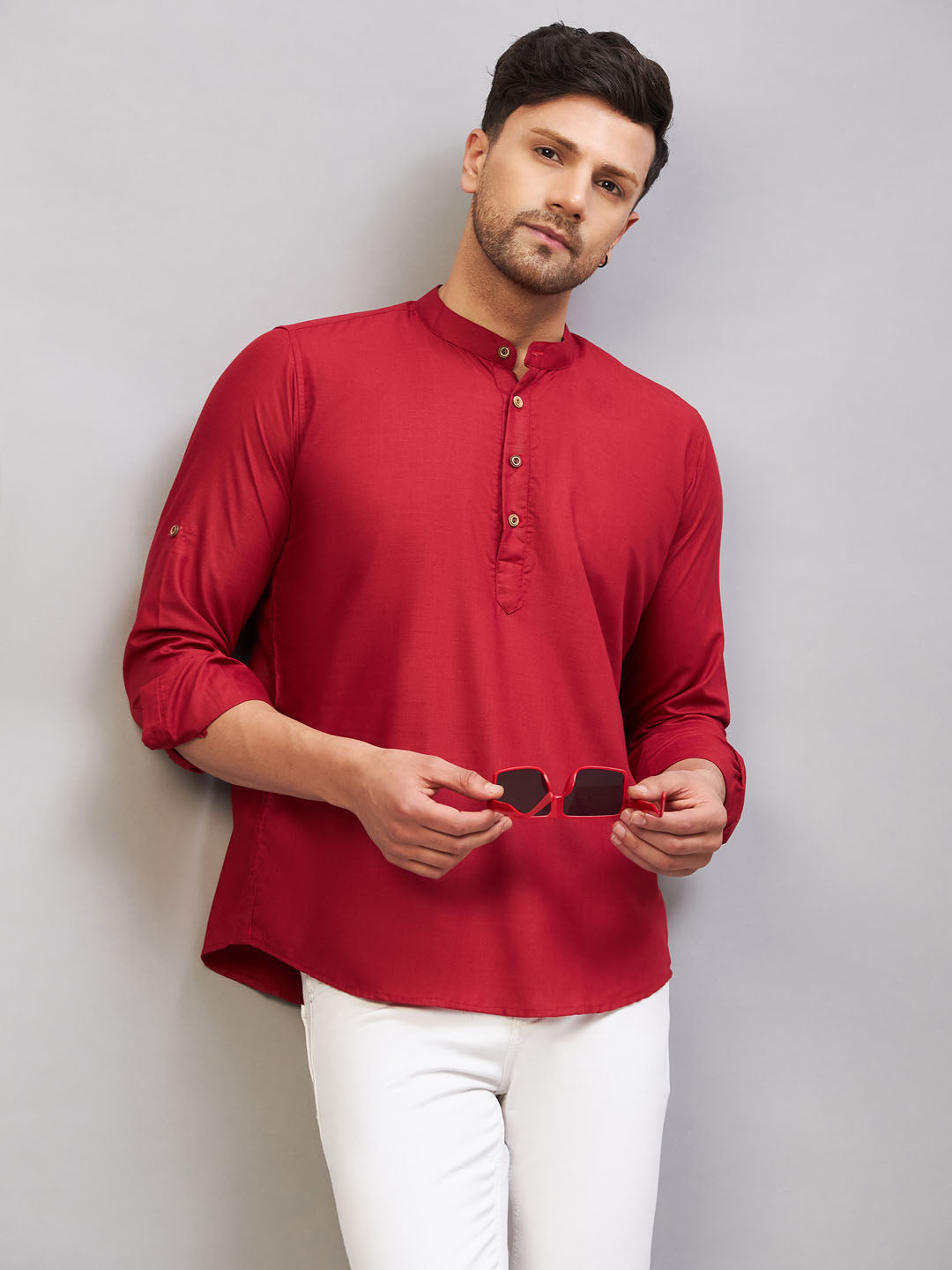 Men's Maroon Cotton Blend Kurta