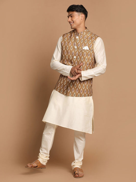 Men's Green And Cream Viscose Jacket, Kurta and Pyjama Set