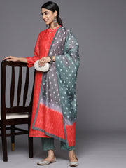 Women Red Bandhani Printed Straight Kurta Paired With Contrast Solid Bottom And Printed Dupatta