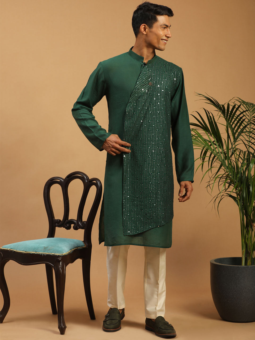 Men's Green Cotton Blend Kurta