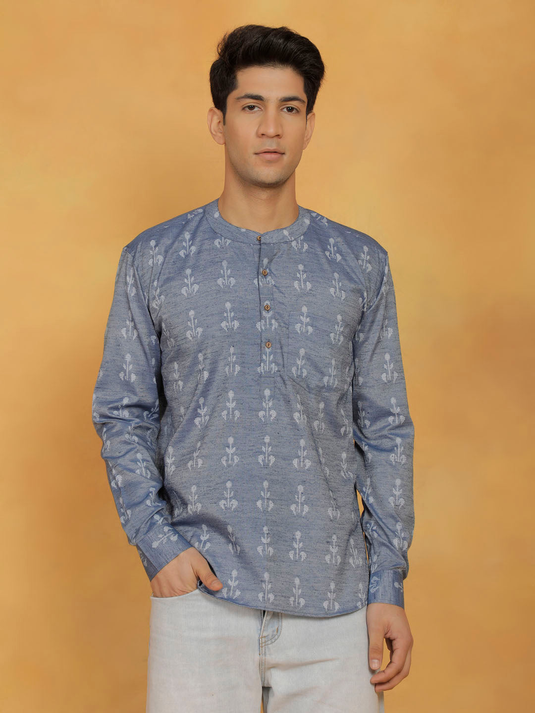 Men's Blue Cotton Short Kurta