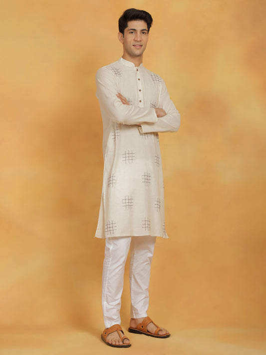 Men's Cream And White  Kora Kurta Pyjama Set