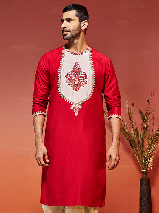 Men's Red Viscose Kurta