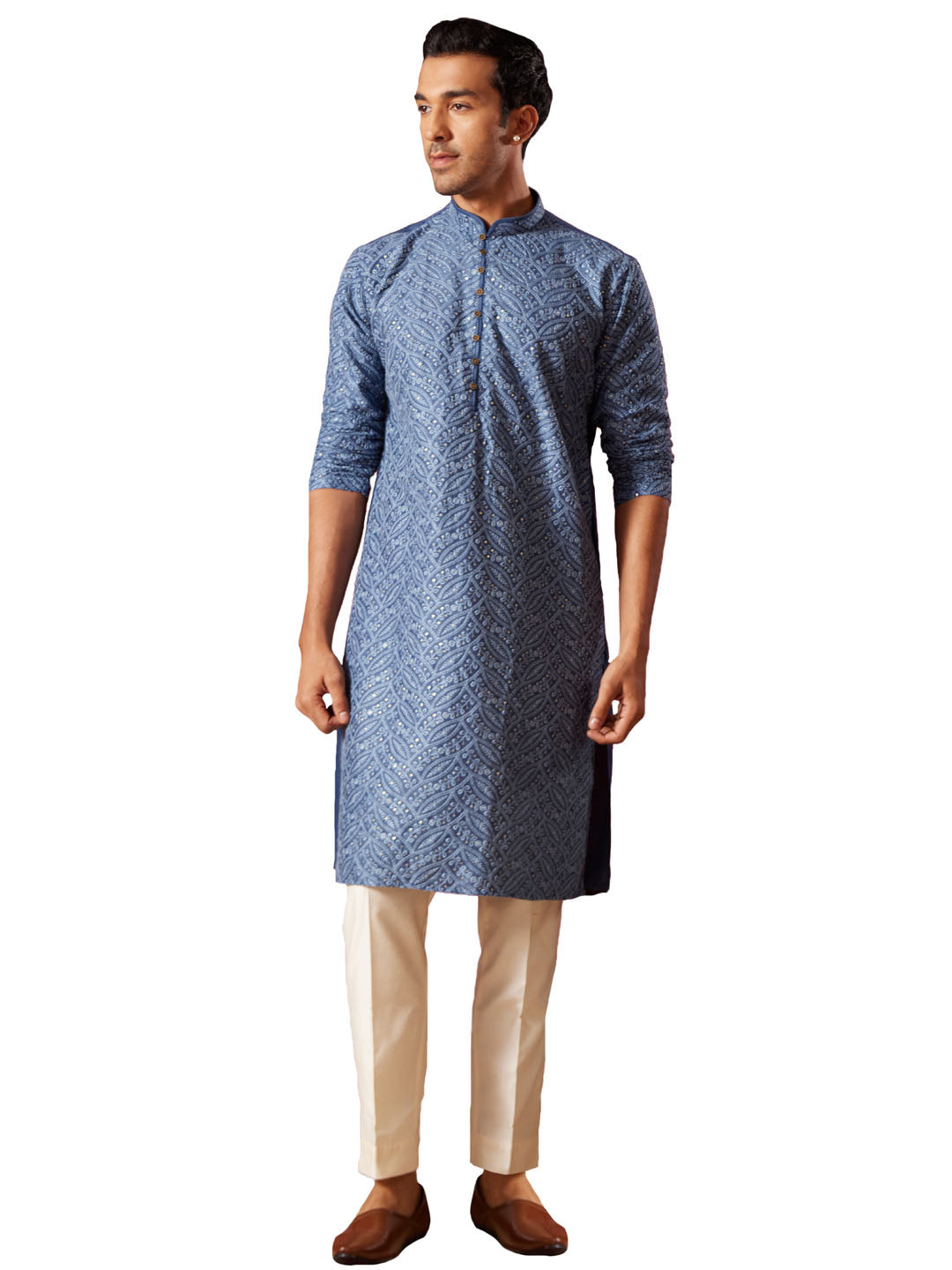 Men's Blue And Cream Rayon Cotton Kurta Pyjama Set