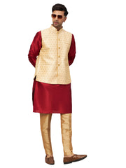 Men's Maroon And Rose Gold Silk Blend Jacket, Kurta and Pyjama Set