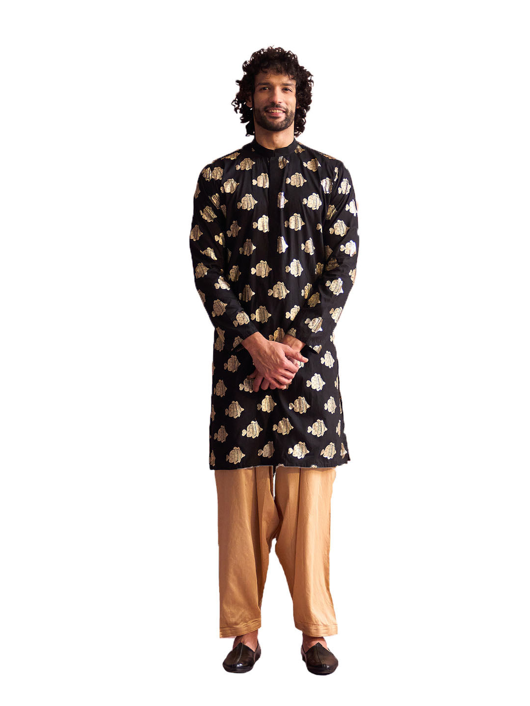 Men's Black And Rose Gold Viscose Kurta and Patiala Set