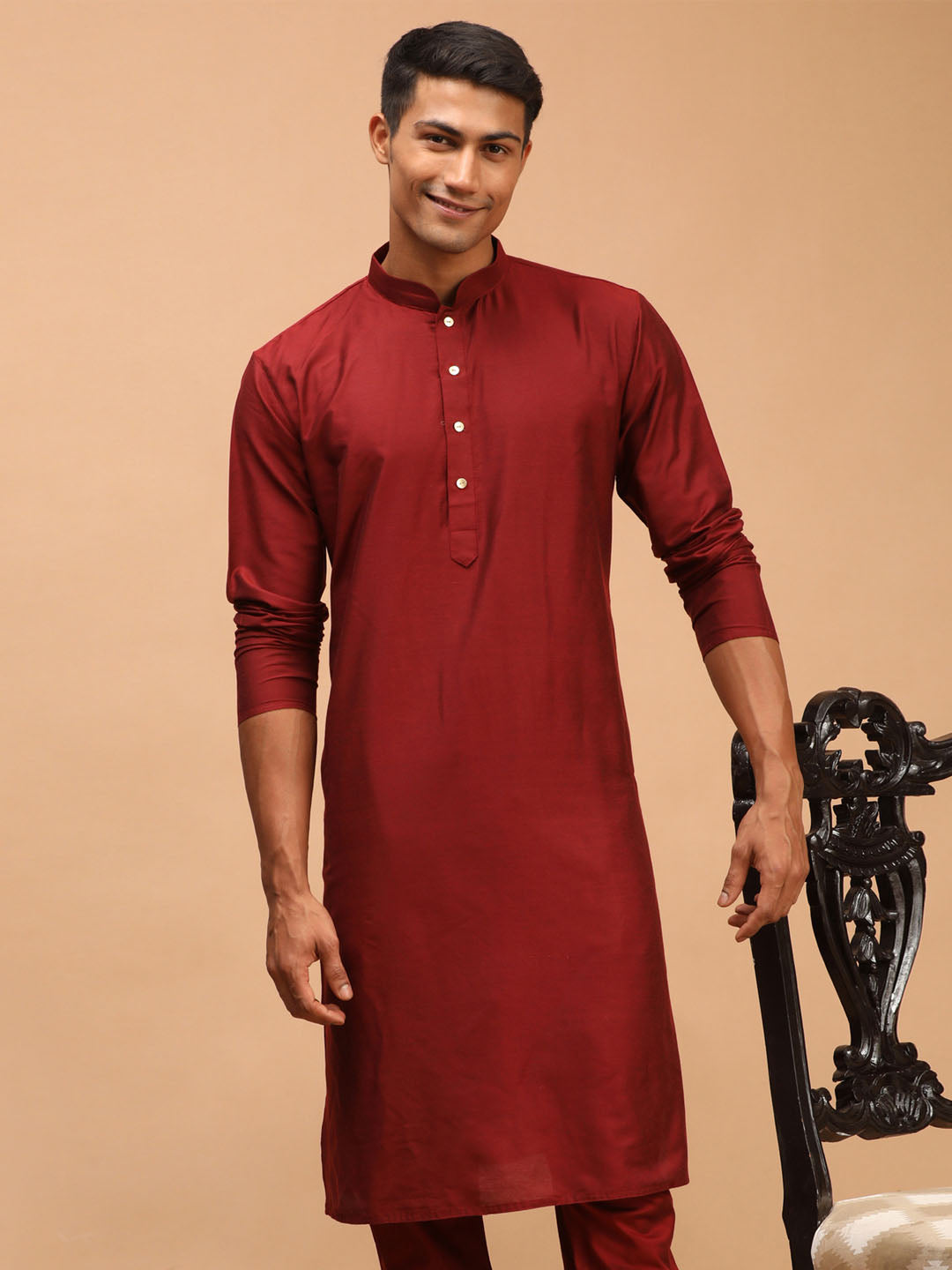 Men's Maroon Viscose Kurta