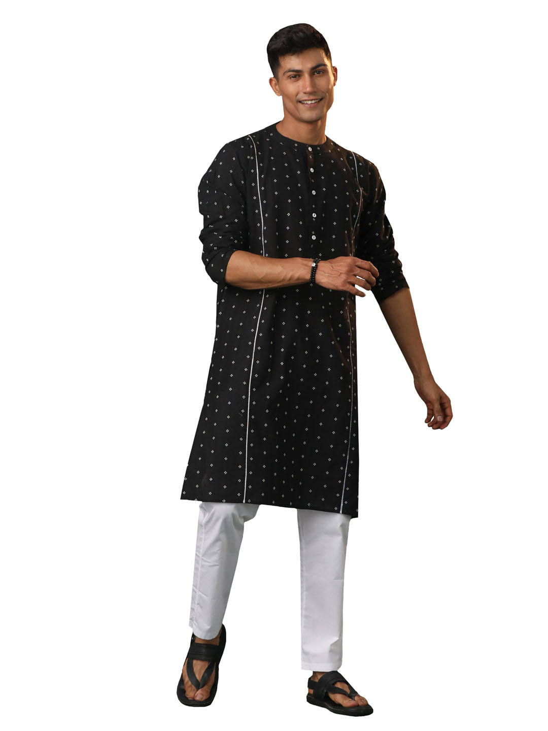 Men's Black And White Cotton Kurta Pyjama Set