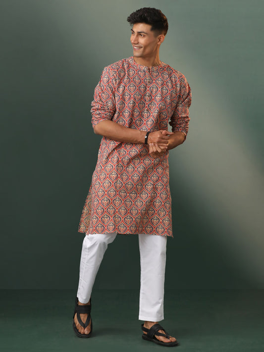 Men's Multicolor Base Red And White Cotton Kurta Pyjama Set