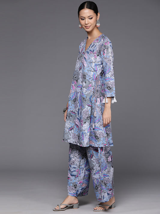 Women Grey Abstract Printed Angrakha Style Kurta Paired With Bottom