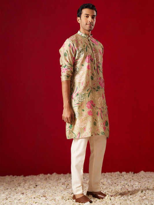 Men's Multi color Base Beige Cotton blend Kurta Pyjama Set