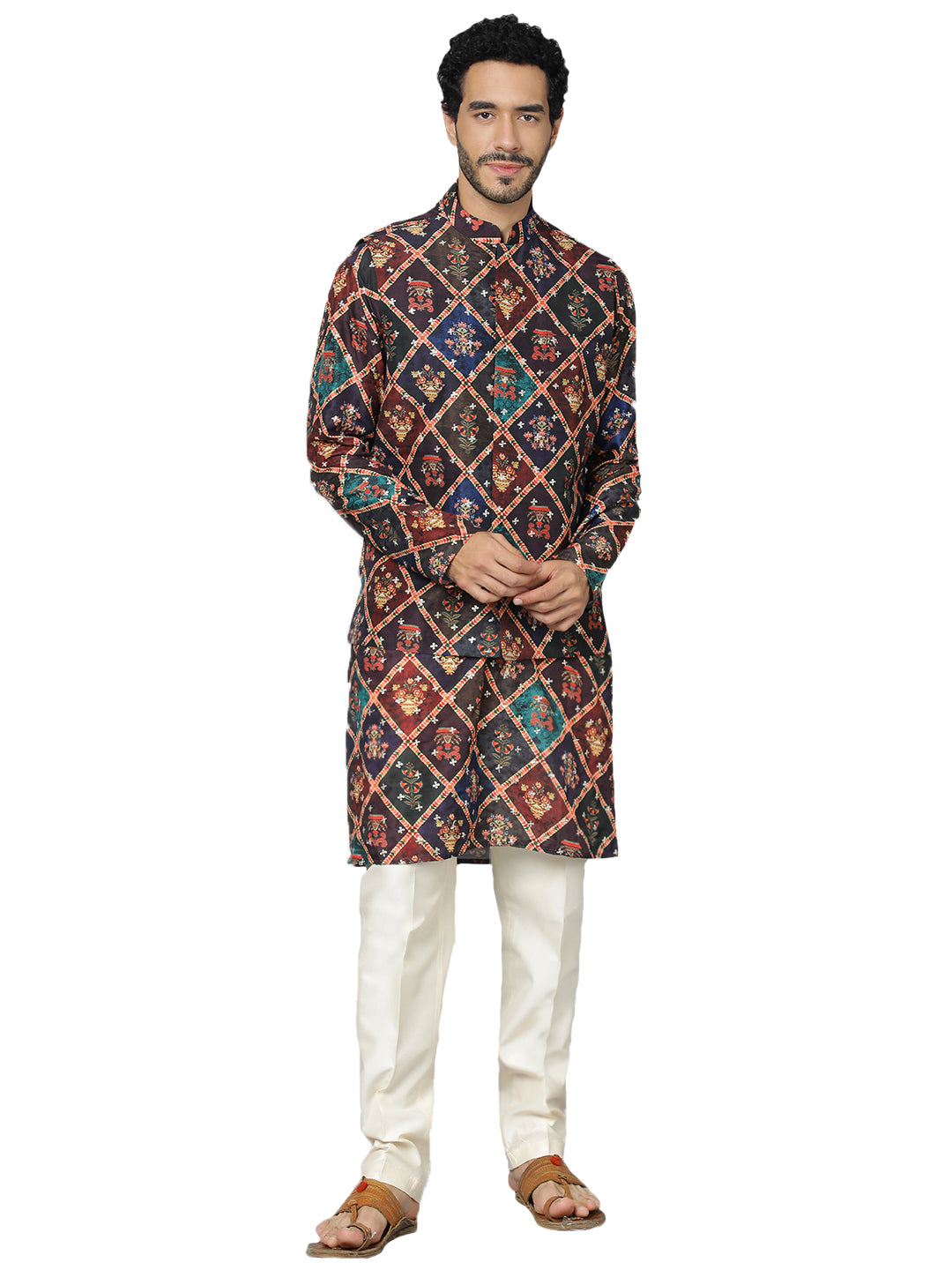 Men's Purple And Cream Muslin Jacket, Kurta and Pyjama Set