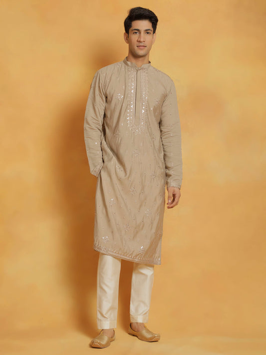 Men's Gray And Cream Silk Blend Kurta And Pyjama Set