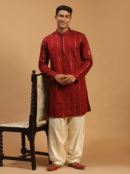 Men's Maroon And Cream Viscose Kurta and Patiala Set