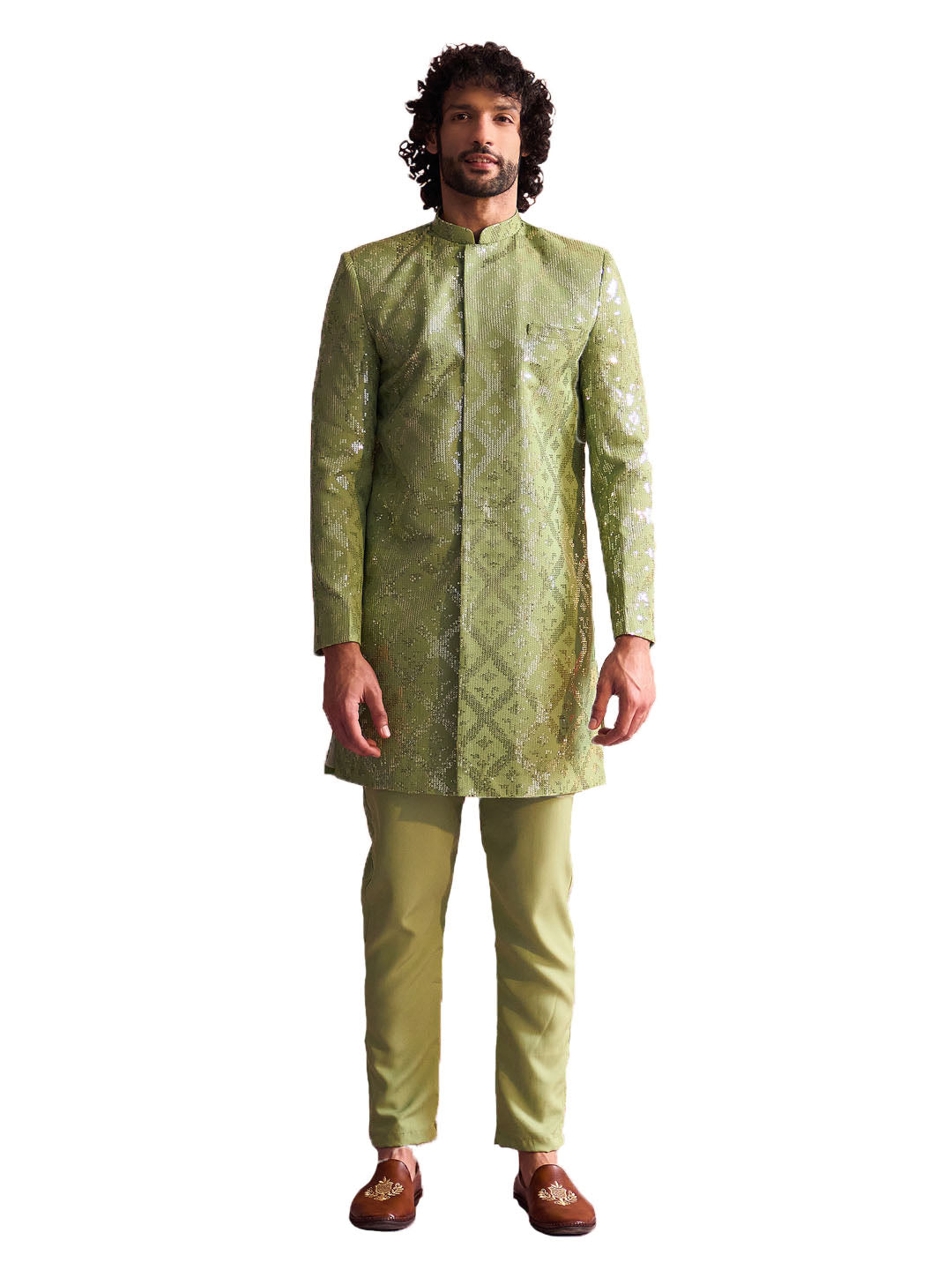 Men's Mint Green Georgette Sherwani Set