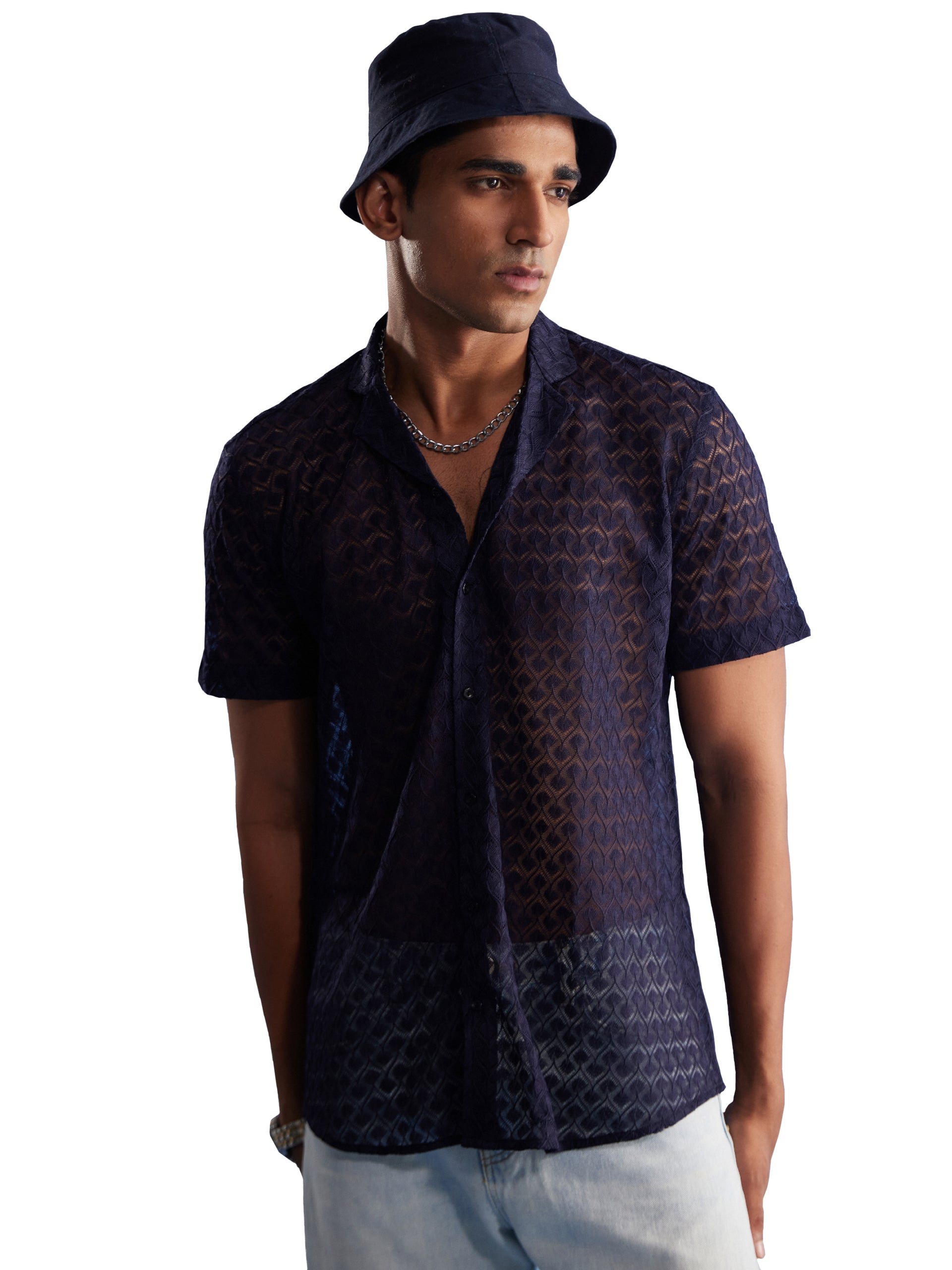 Men's Blue Net Ethnic Shirt