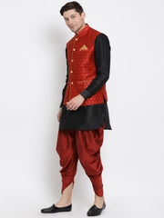 Men's Black Silk Blend Jacket, Kurta and Dhoti Set