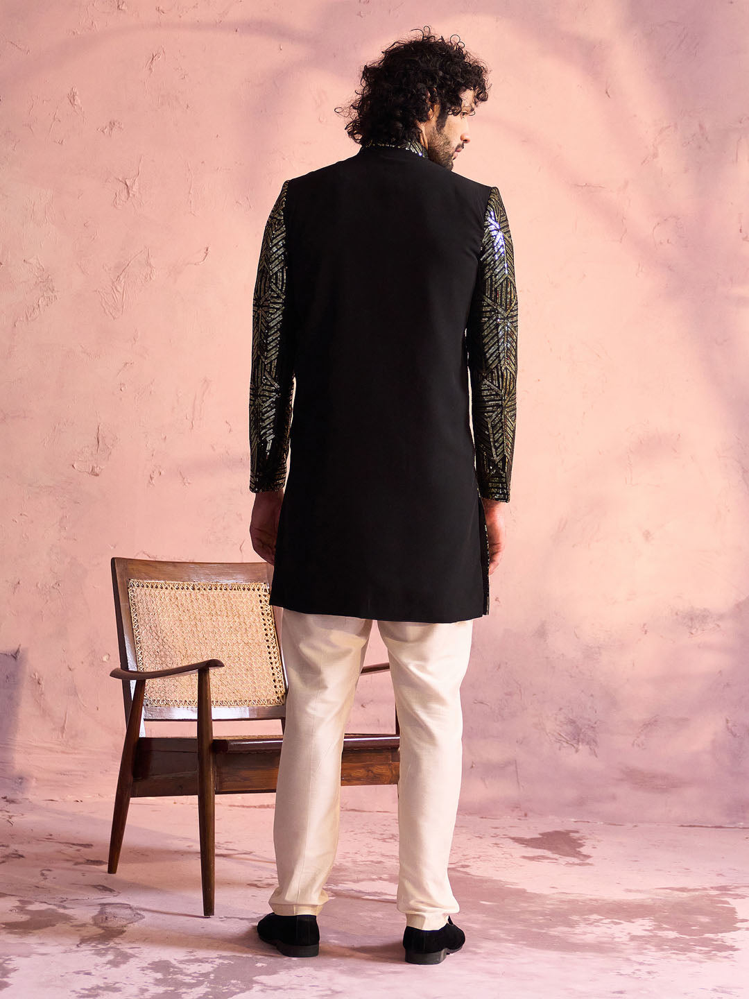 Men's Black And Cream Georgette Sherwani Set