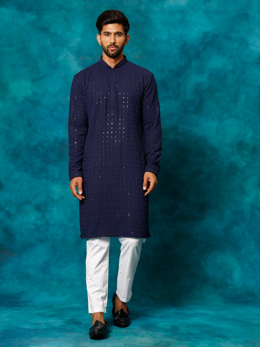 Men's Navy Blue And White Rayon Cotton Kurta Pyjama Set