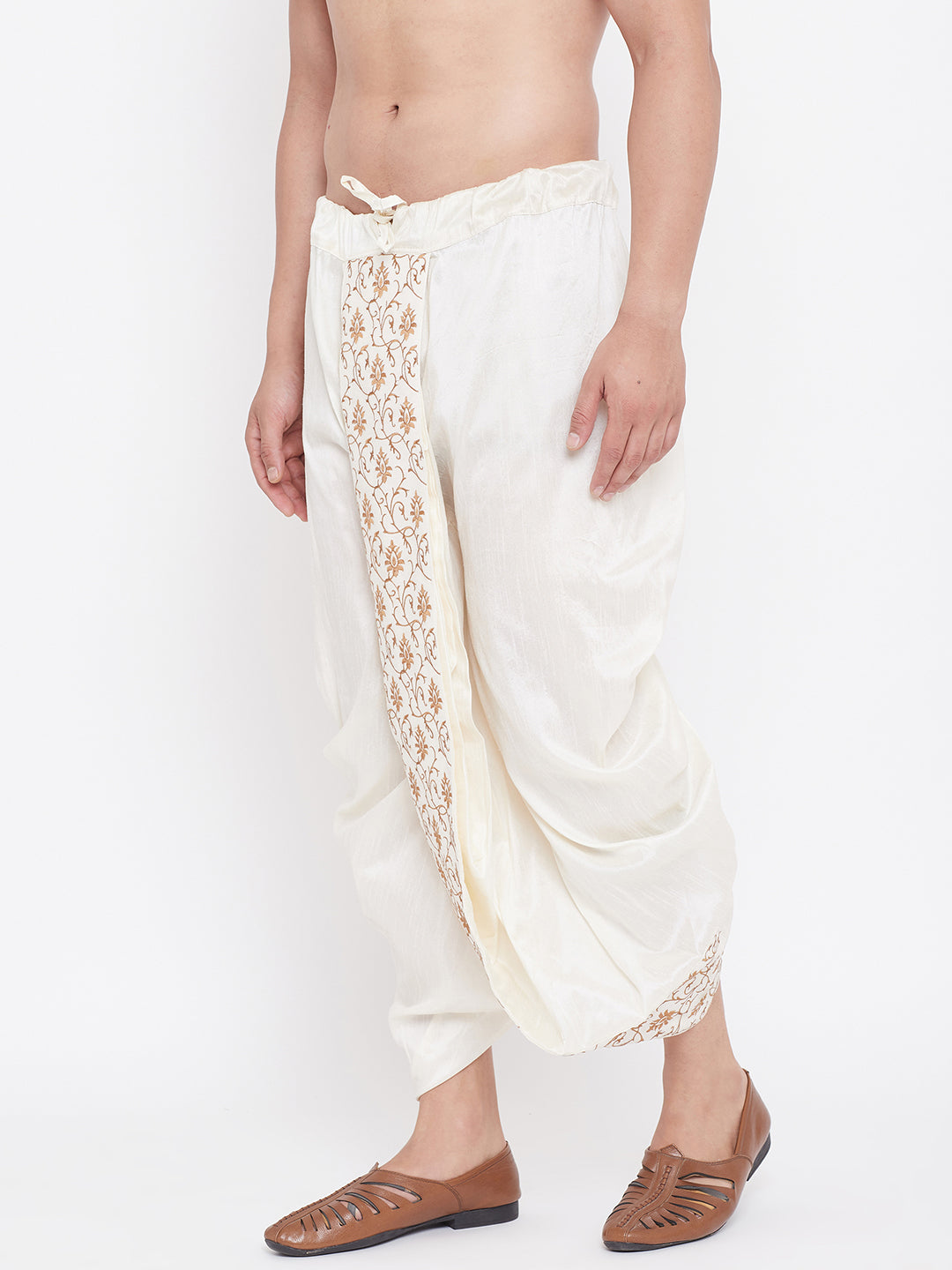 Men's Cream Silk Blend Embroidered Dhoti