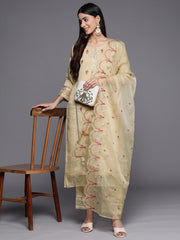 Women Beige Embroidered Kurta  Paired With  Tonal Bottom And Organza Dupatta