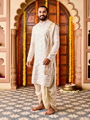 Men's Cream Tissue Benarasi Jacquard Kurta Dhoti And Dupatta Set