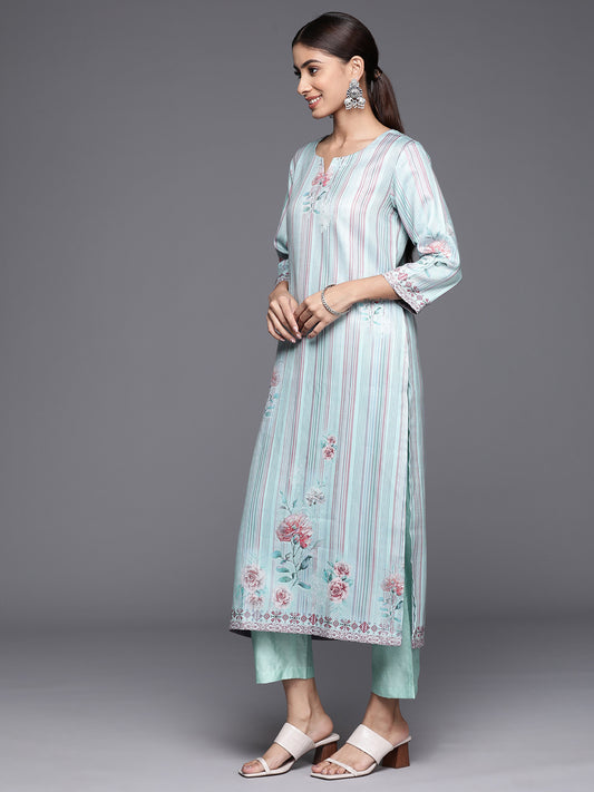 Women Blue Stripe Printed Straight Kurta Paired With Tonal Bottom And Dupatta