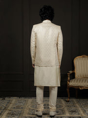 Men's Gold And Cream Viscose Jodhpuri, Kurta and Pyjama Set