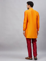 Men's Orange And Maroon Cotton Blend Kurta Pyjama Set