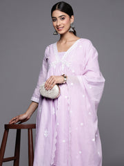 Women Lavender Embroidered A-Line Empire Kurta Paired With Tonal Bottom And Tonal Embroidered Dupatta