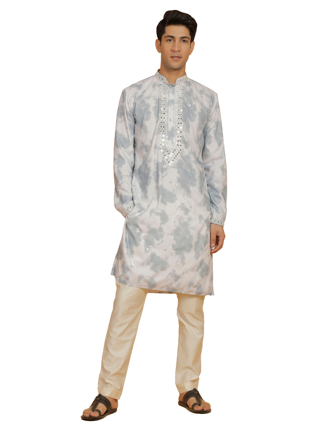 Men's Gray And Cream Cotton Blend Kurta And Pyjama Set