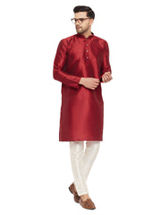 Men's Maroon And Cream Silk Blend Kurta Pyjama Set