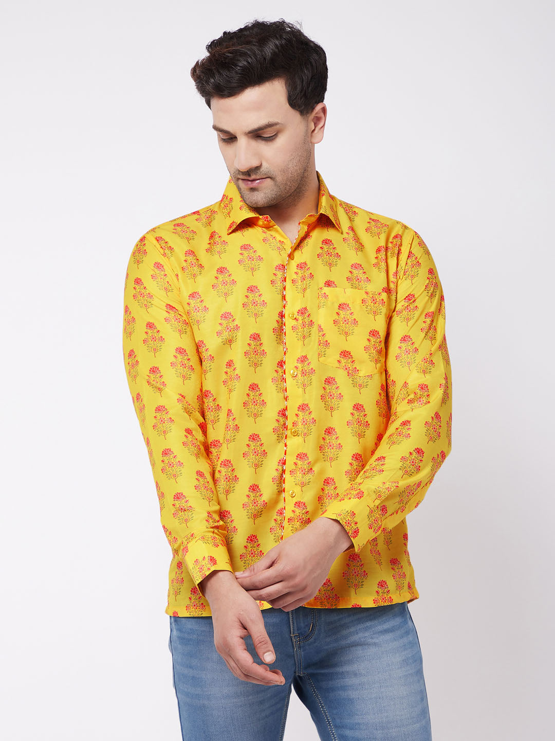 Men's Multicolor-Base-Mustard Muslin Ethnic Shirt