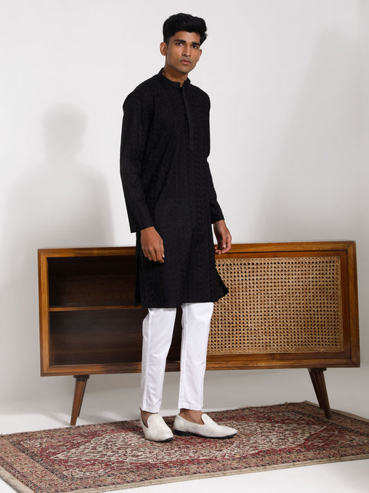 Men's Black And White Cotton Kurta Pyjama Set