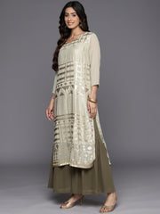 Women Olive Green Sequened Kurta With Sharara And  Sequened Ombre Dupatta