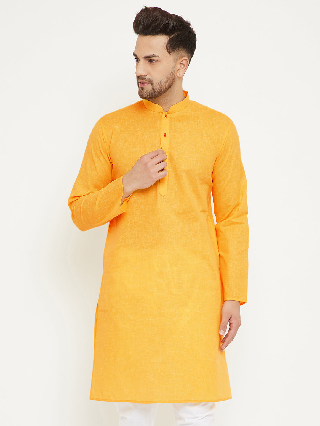 Men's Yellow Cotton Blend Kurta