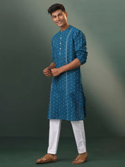 Men's Turquoise And White Cotton Kurta Pyjama Set