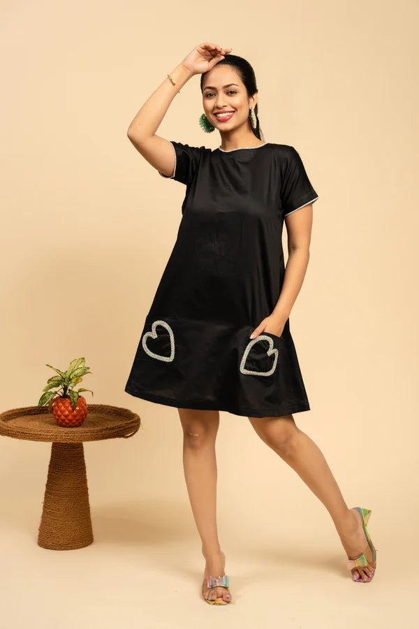 Women Black Viscose Cotton A-Line Knee-Length Dress